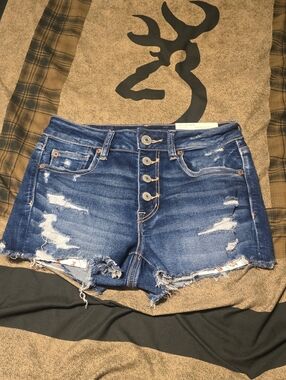 American Eagle Outfitters Button-Fly Distressed Denim Shorts - Blue